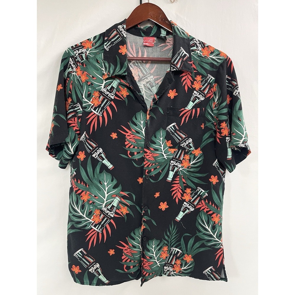 Coca-Cola Mens‎ Tropical Hawaiian Shirt Black Rayon Aloha Soda Bottle Print MD